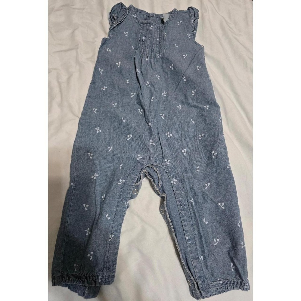 Carter's Baby Chambray White Cherry Flutter Sleeve Romper Jumpsuit Size 9 Months